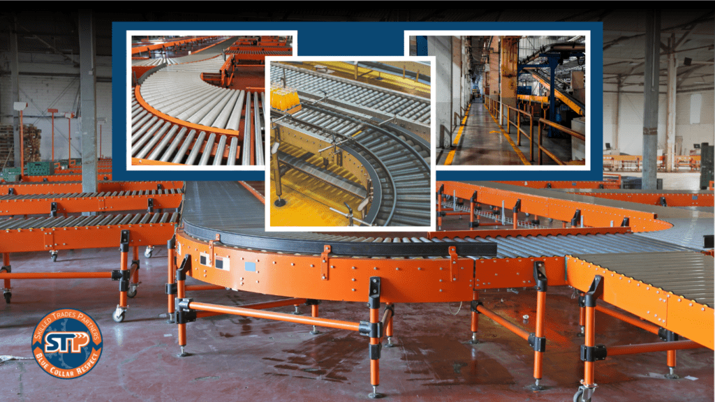 Installed conveyor systems inside a warehouse and material-handling facility.