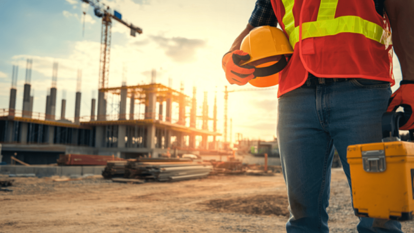 Construction worker holding hard hat and toolbox at job site