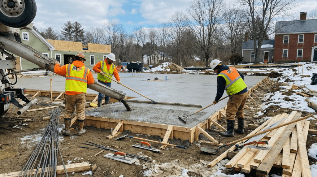 Concrete form carpenters preparing foundation forms for construction project