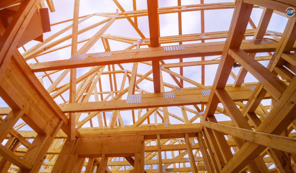 Wood structural framing for residential building under construction